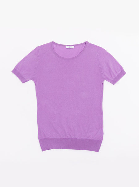 Flat lay of women's ultraviolet/lilac blue short sleeved knit top in premium and luxury sea island cotton.